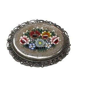 Vintage Italian Micro Mosaic Floral Brooch Silver Filigree Pin White Glass Art